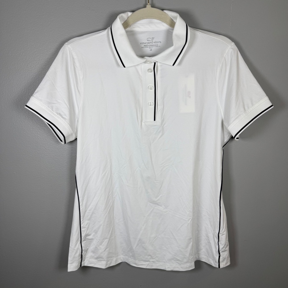 Vineyard Vines Performance Polo Shirt Womens M White Navy Tipping 2G001430 NWT